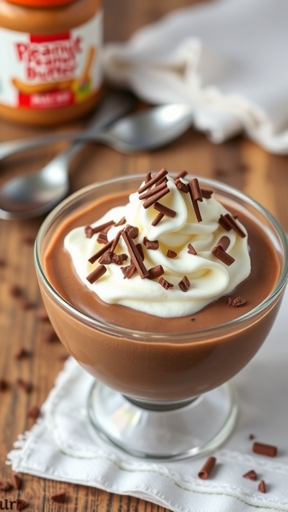 A bowl of peanut butter chocolate pudding topped with whipped cream and chocolate shavings, with a jar of peanut butter in the background.