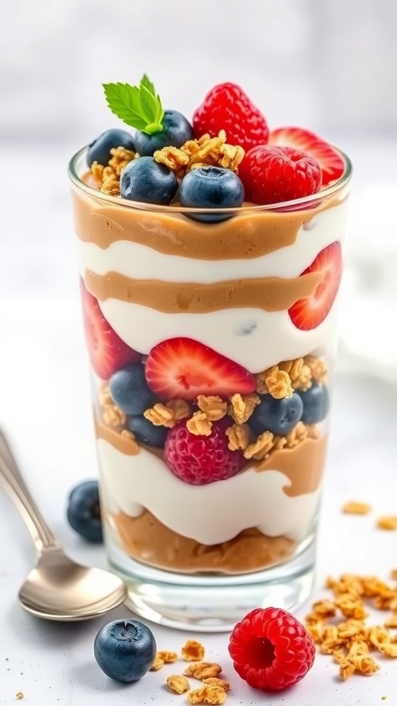 Peanut butter yogurt parfait with berries and granola in a glass