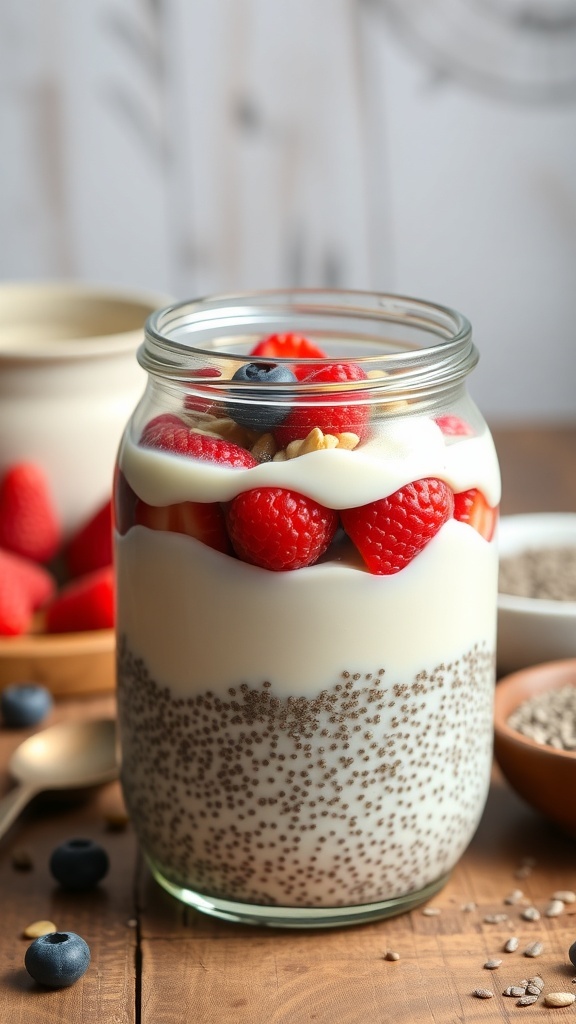 A jar of chia seed pudding layered with yogurt and topped with fresh berries.
