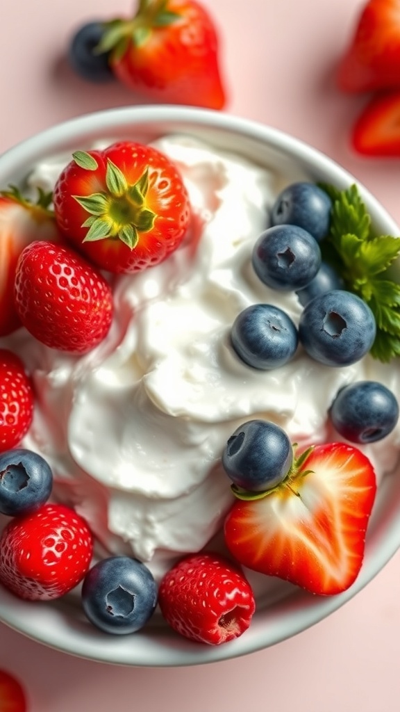 A bowl of whipped coconut cream topped with fresh strawberries and blueberries.