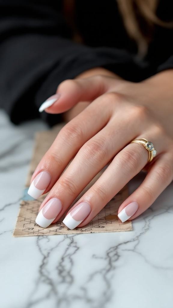 A hand with white French tips and colorful nail art on an accent nail, resting on a soft blanket with flowers in the background.