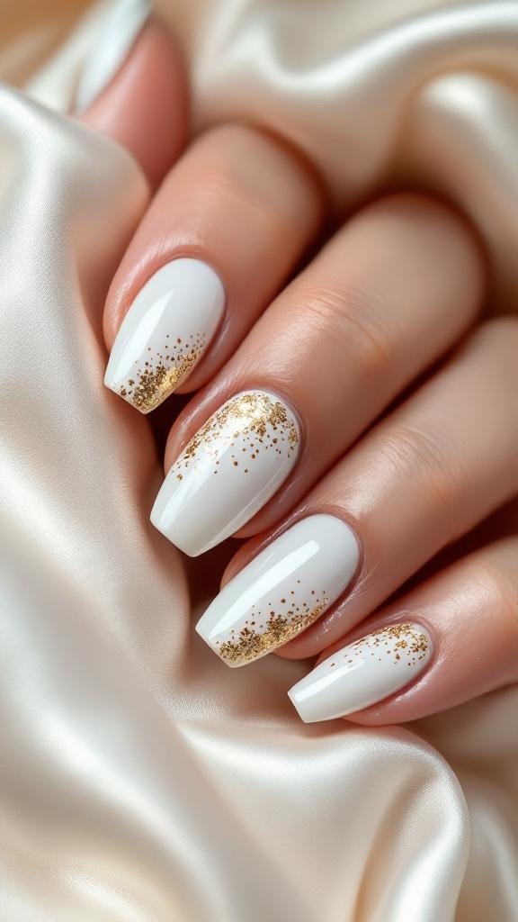 Elegant white nails with gold foil accents on a soft fabric background
