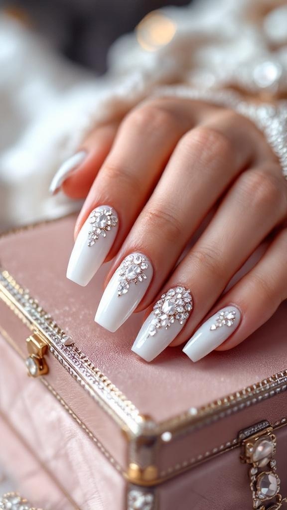 A hand with white nails featuring rhinestone embellishments, resting on a pink jewelry box.