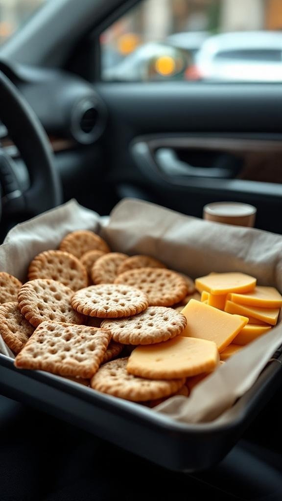 A tray with whole grain crackers and slices of cheese in a car.