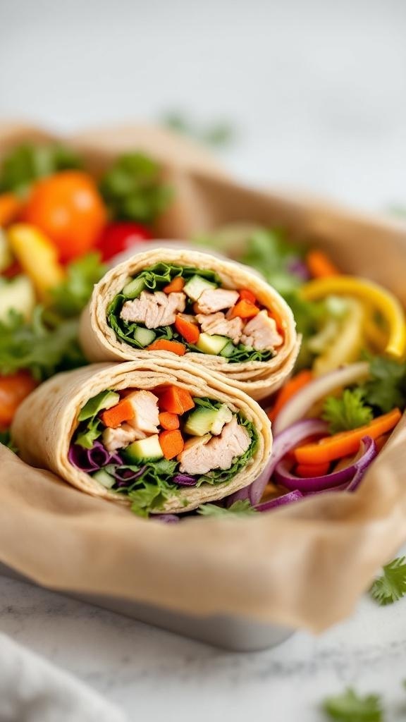 Whole grain mini wraps filled with vegetables and chicken, served with fresh salad ingredients.