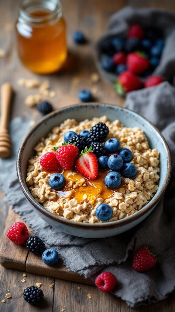 A bowl of whole grain oatmeal topped with fresh berries and honey, surrounded by more berries and a jar of honey.