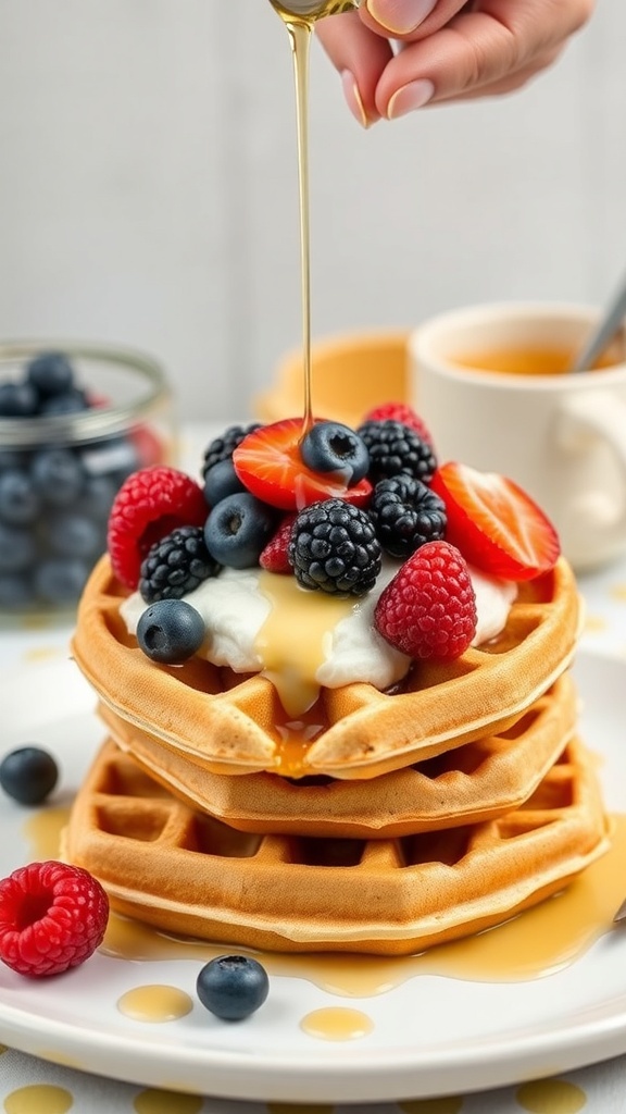 Whole grain waffles topped with yogurt and berries, with honey being drizzled on top.