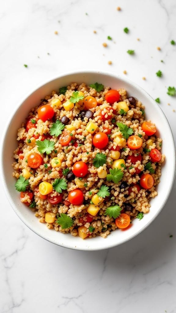 A colorful bowl of whole grain salad with cherry tomatoes, corn, and herbs.