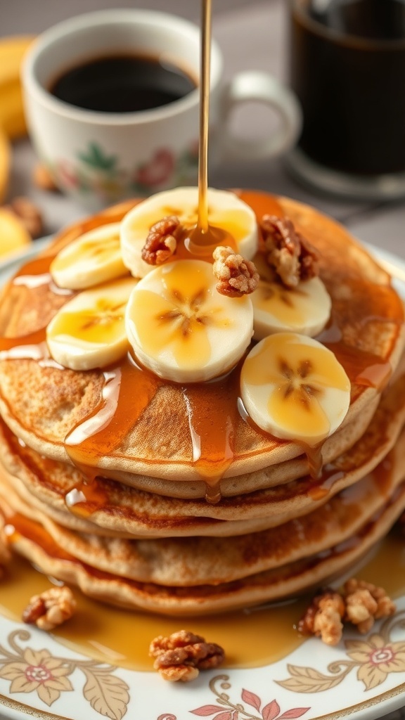 A stack of whole wheat banana pancakes topped with banana slices, syrup, and walnuts, with a cup of coffee in the background.