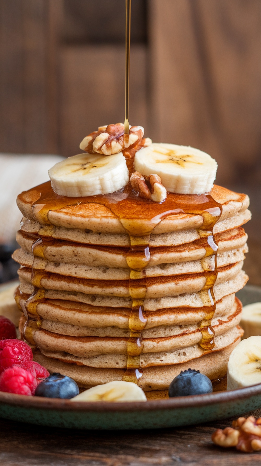 A stack of whole wheat banana pancakes topped with banana slices and walnuts, drizzled with syrup, surrounded by fresh berries.