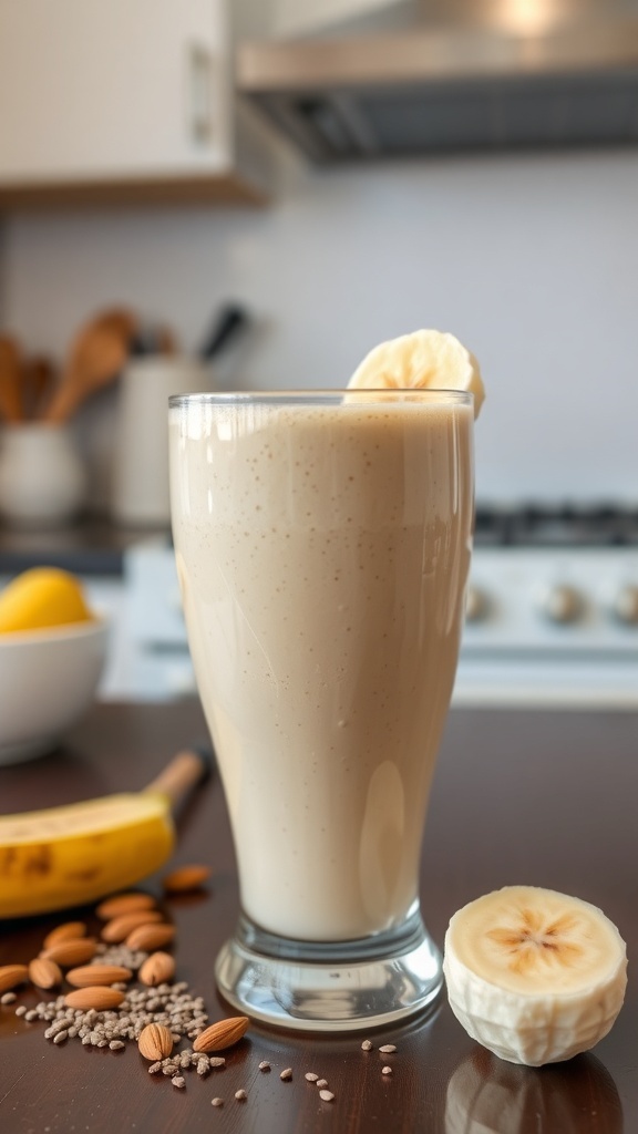 A tall glass of almond butter banana smoothie with almonds and chia seeds on the table.