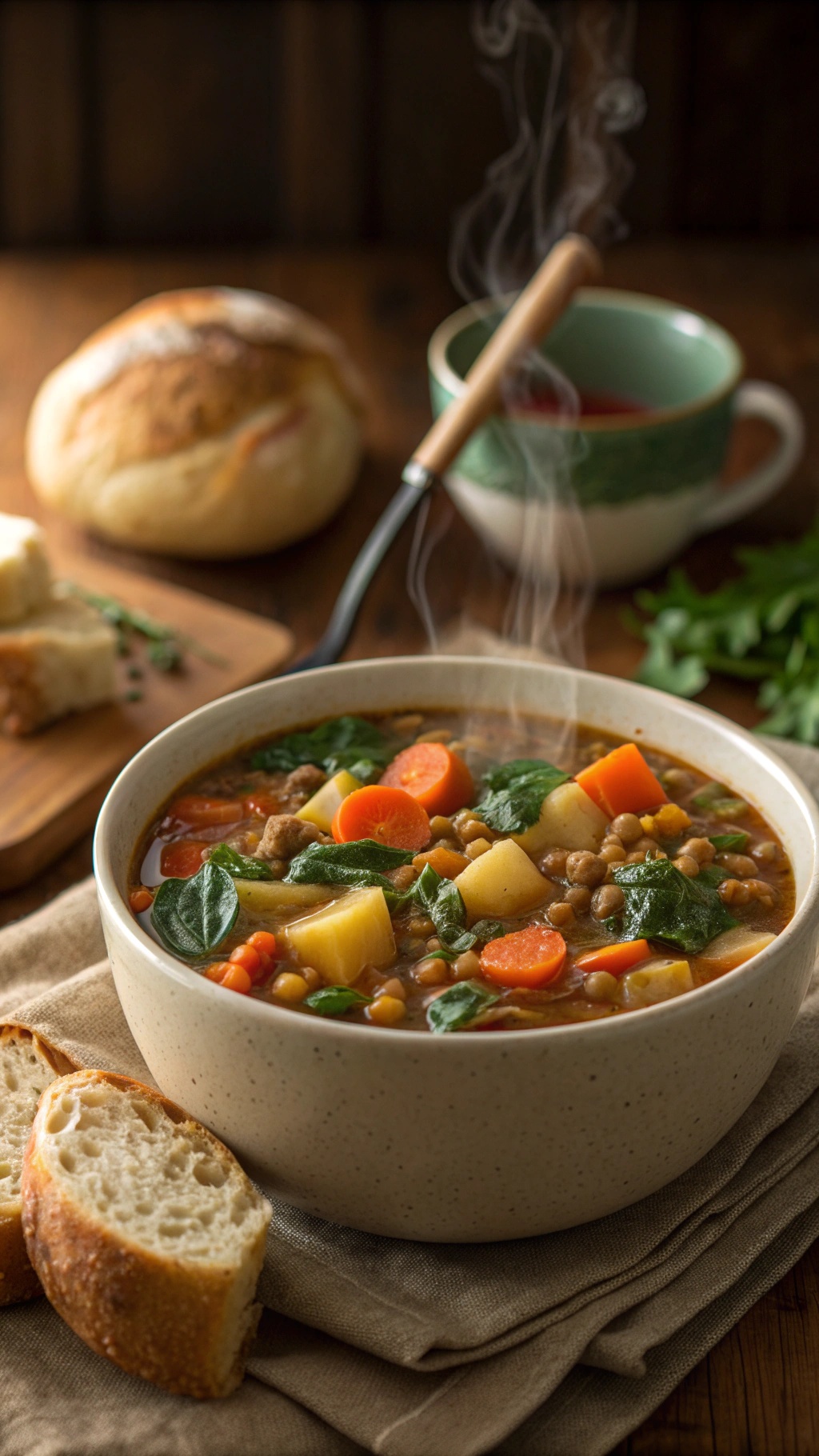 A warm bowl of lentil and vegetable stew with carrots, spinach, and potatoes, served with crusty bread.