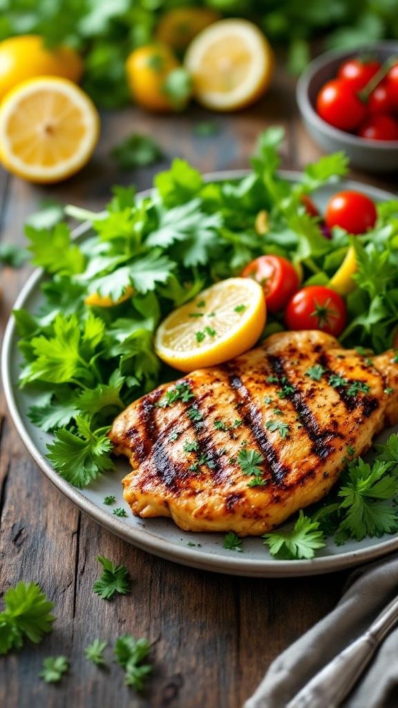 Grilled lemon herb chicken served on a plate with fresh greens and lemon slices