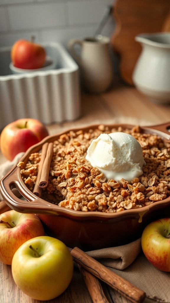 A warm apple crisp topped with vanilla ice cream, surrounded by fresh apples and cinnamon sticks.