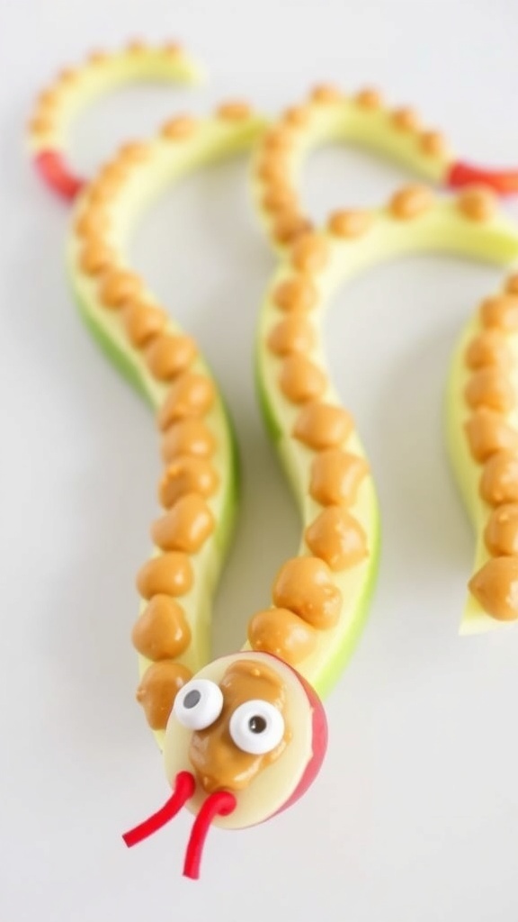 Colorful plate with apple slices shaped like snakes, covered in peanut butter and decorated with candy eyes.