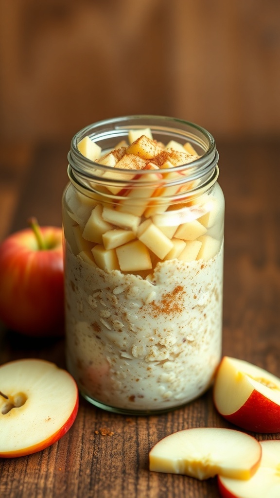 A jar of apple cinnamon overnight oats topped with diced apples and cinnamon, with a sliced apple beside it.