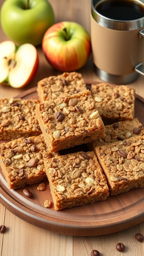 Wholesome apple granola bars on a wooden platter with fresh apples and a cup of coffee.