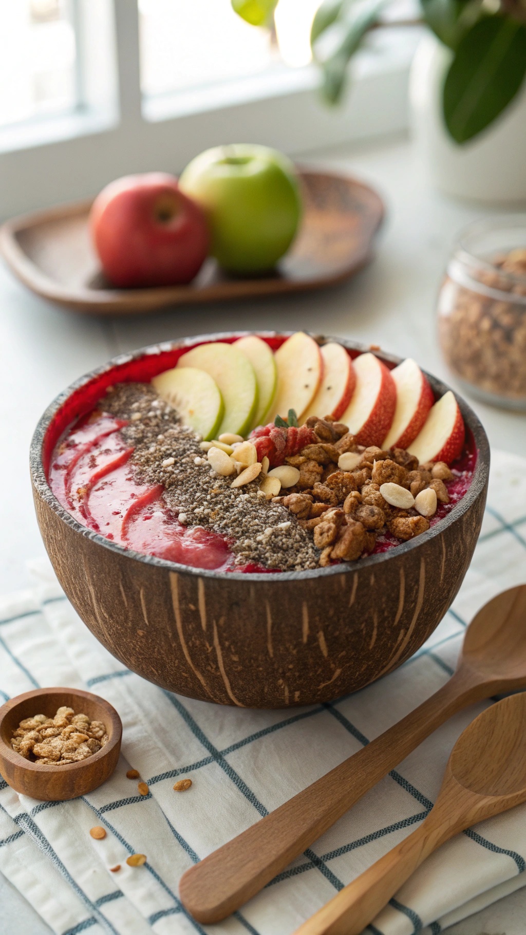 A colorful apple protein smoothie bowl topped with apple slices, chia seeds, and granola.