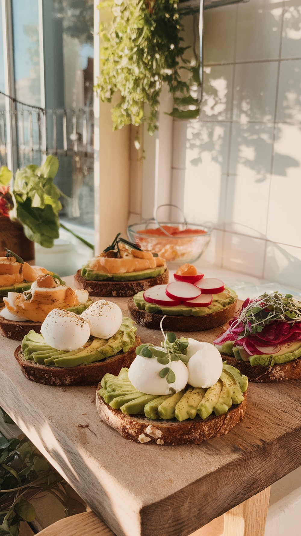A variety of avocado toasts topped with eggs, radishes, and microgreens on a wooden board.