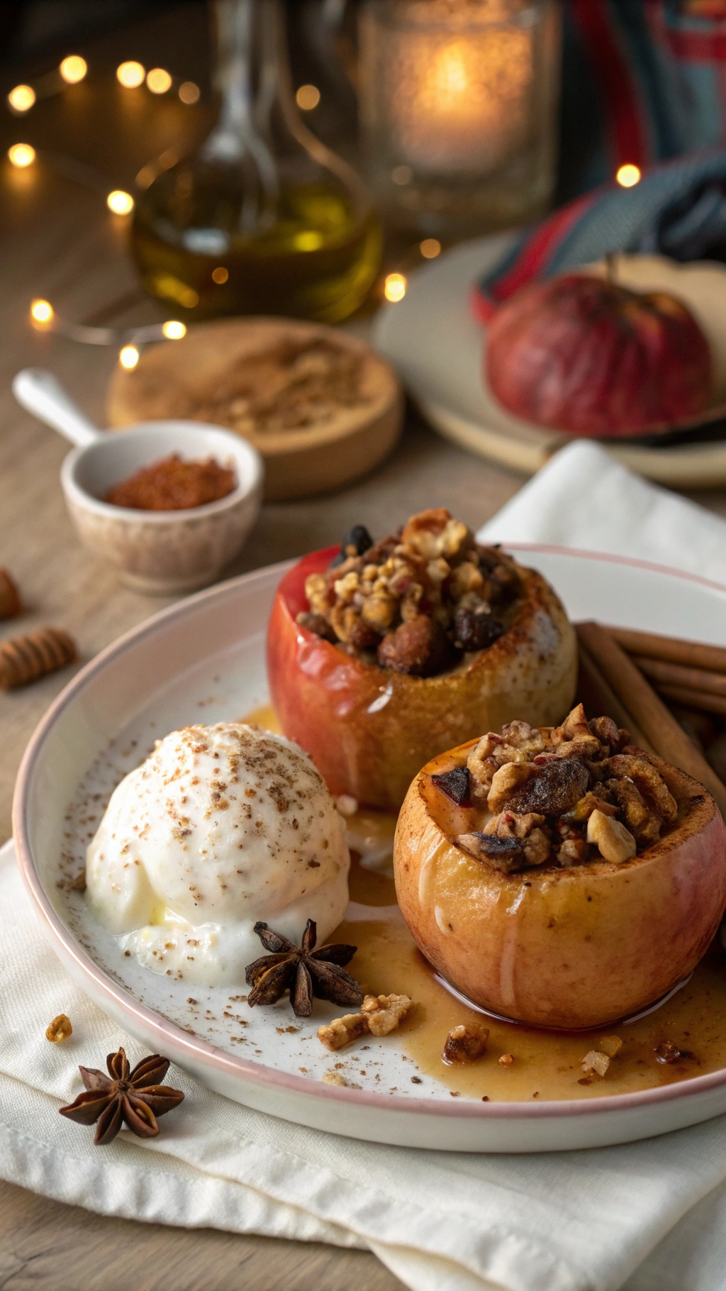 Baked apples with cinnamon, topped with nuts and served with a scoop of ice cream.