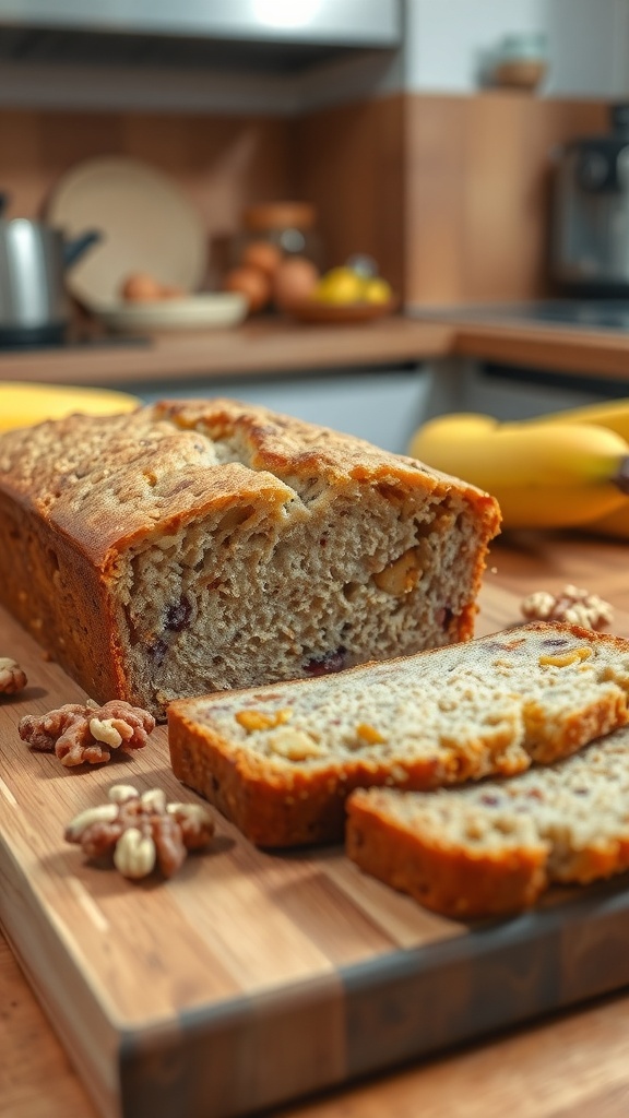 A freshly baked loaf of banana bread with walnuts, sliced and displayed on a wooden board, surrounded by walnuts and bananas in a cozy kitchen setting.