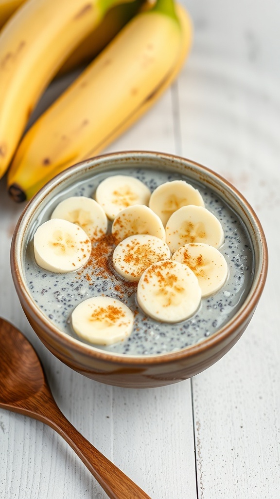 A bowl of banana chia pudding topped with banana slices and cinnamon, with bananas in the background.