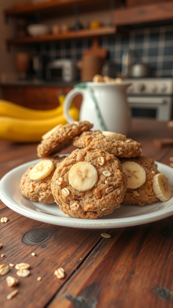 Plate of banana oatmeal cookies with banana slices on top, set in a cozy kitchen.