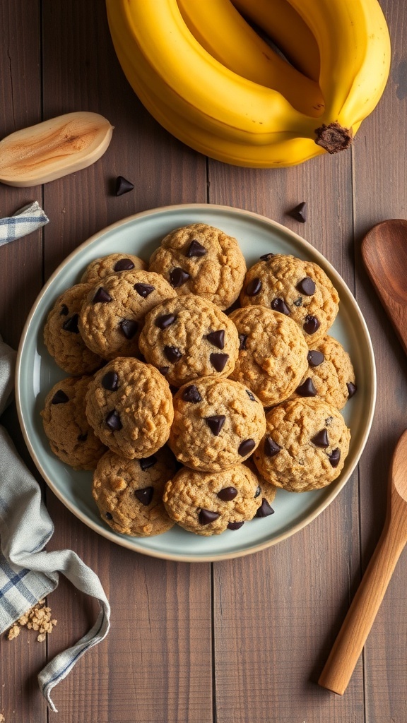 A plate of banana oatmeal cookies with chocolate chips, surrounded by bananas and a wooden spoon.