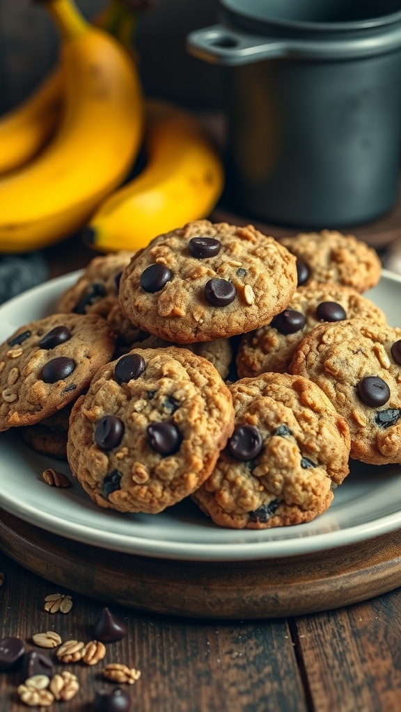 A plate of banana oatmeal cookies with chocolate chips, surrounded by ripe bananas.