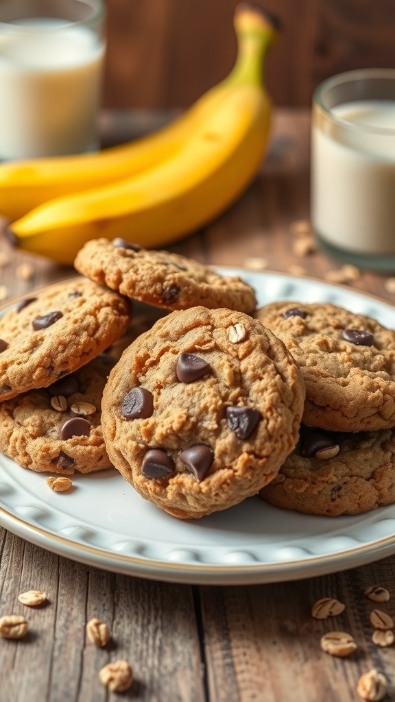 A plate of banana oatmeal cookies with chocolate chips, bananas, and glasses of milk in the background.