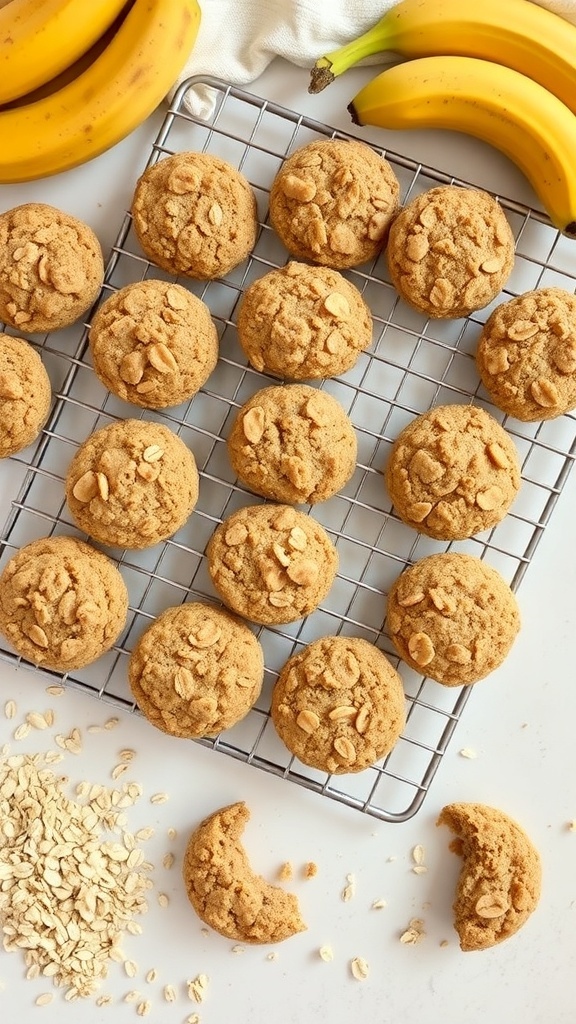 A batch of banana oatmeal cookies cooling on a wire rack, with bananas and oats in the background.