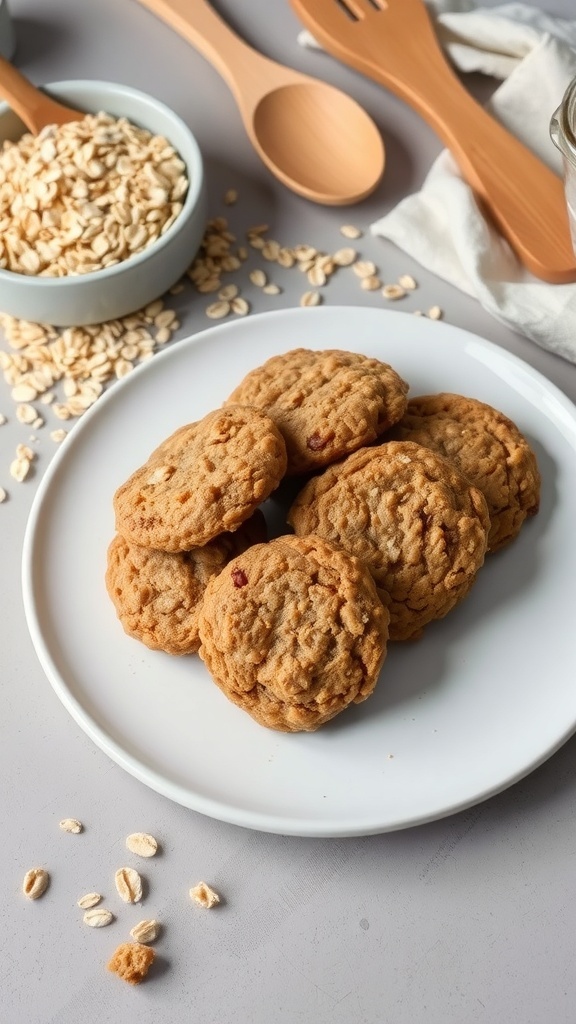 A plate of banana oatmeal cookies with oats in the background