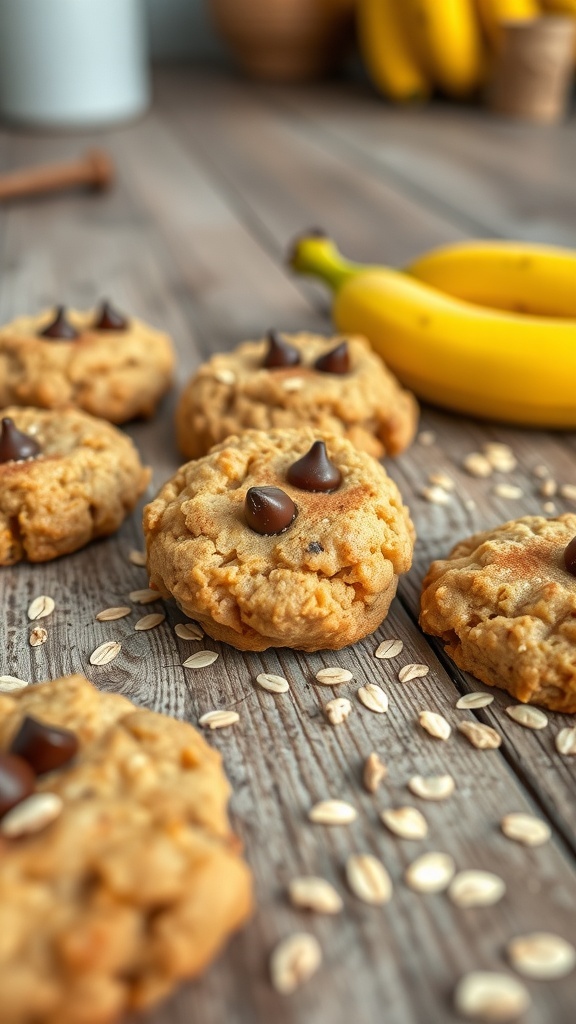 Wholesome banana oatmeal cookies with chocolate chips on a wooden surface, with bananas in the background.