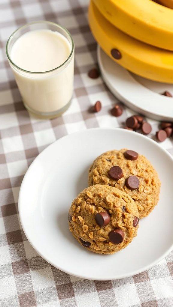 Two banana oatmeal cookies on a plate with a glass of milk and bananas in the background.