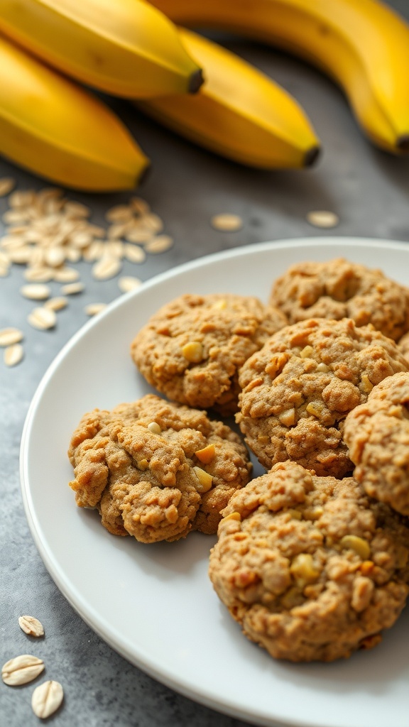 A plate of banana oatmeal cookies with bananas in the background