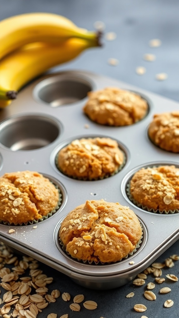 Freshly baked banana oatmeal protein muffins in a muffin tin with bananas and oats in the background.
