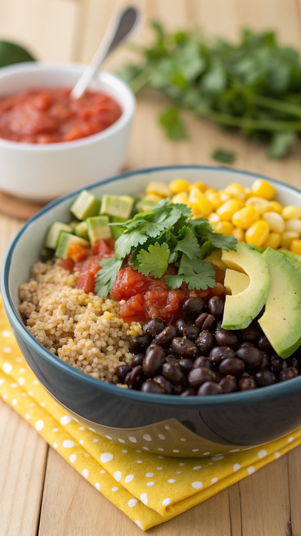 A colorful black bean quinoa bowl with corn, avocado, salsa, and cilantro.