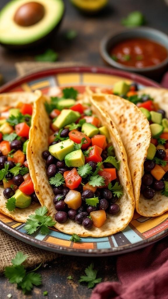 Three black bean tacos filled with diced tomatoes, avocado, and cilantro on a colorful plate