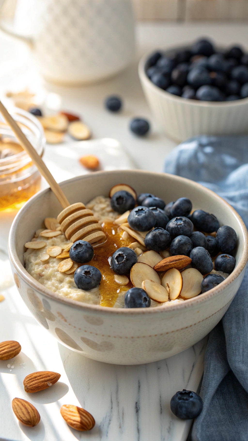 A bowl of overnight oats topped with blueberries, almonds, and honey.