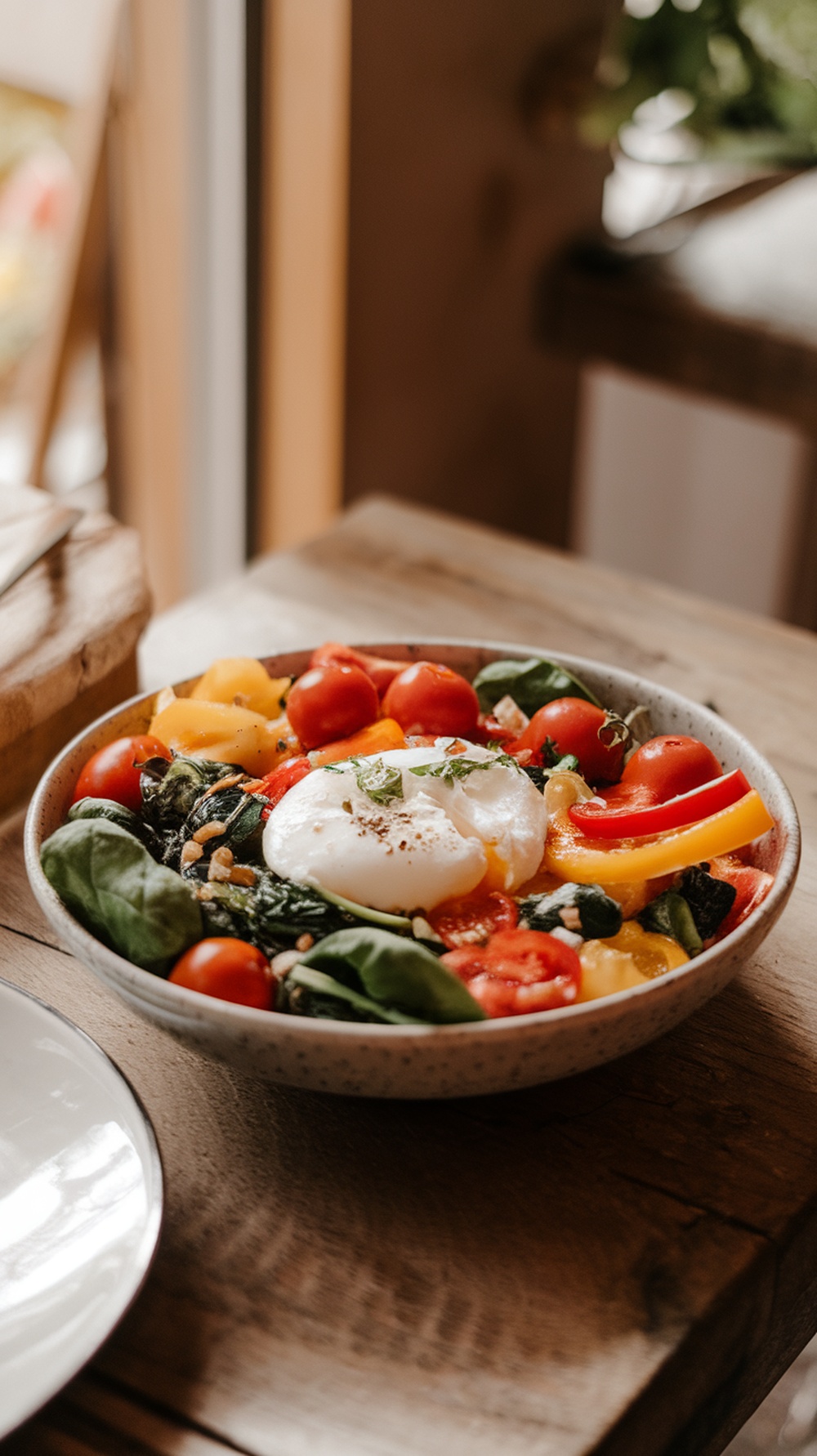 A wholesome breakfast bowl with spinach, cherry tomatoes, bell peppers, and a poached egg.