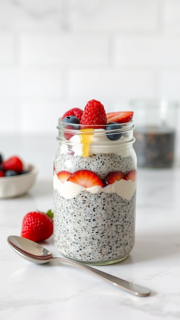A jar of chia seed pudding topped with strawberries and blueberries, with a spoon beside it.
