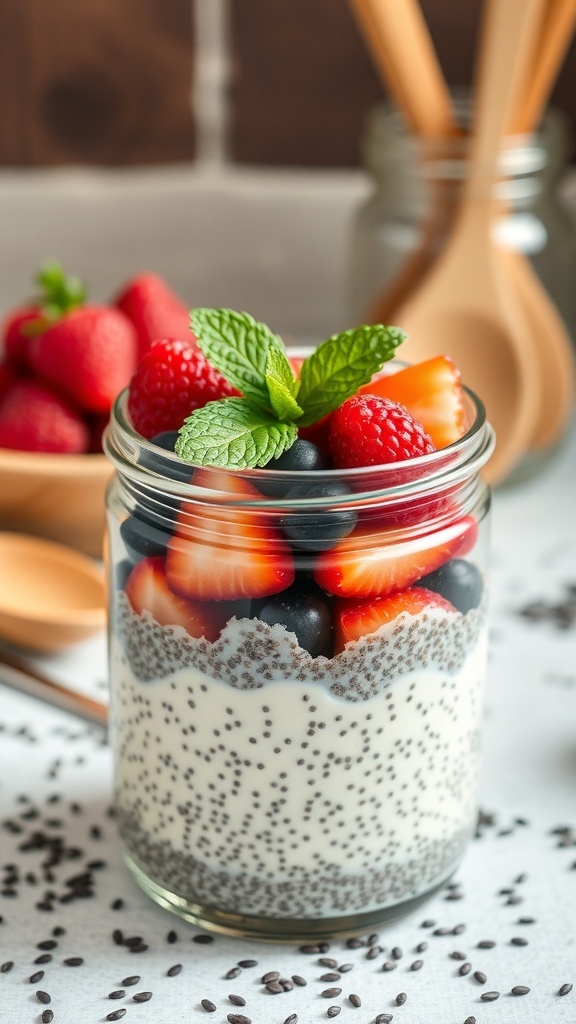 A jar of chia seed pudding topped with strawberries and blueberries, garnished with mint leaves.