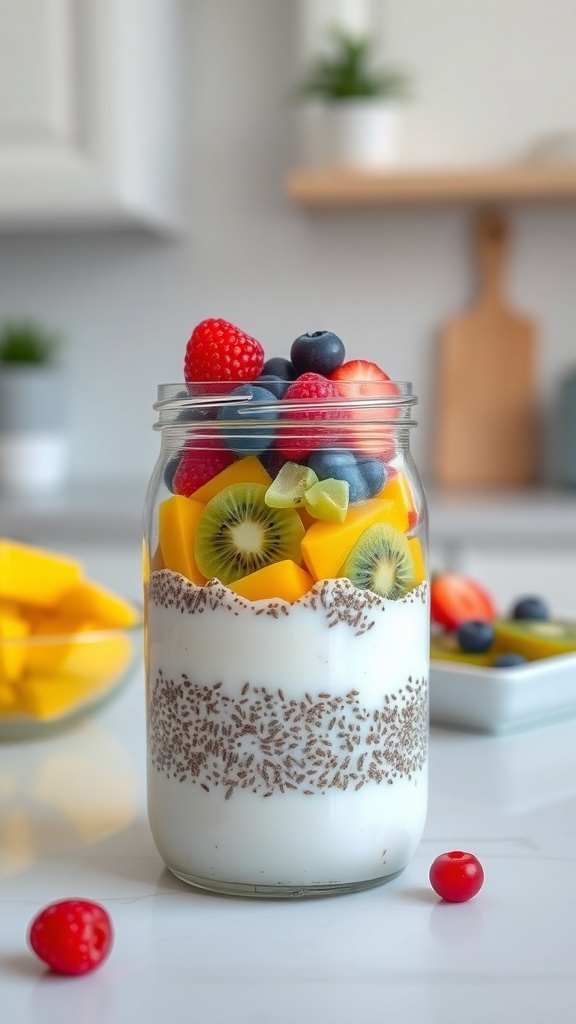 A jar of chia seed pudding topped with fresh fruits like mango, kiwi, and berries.