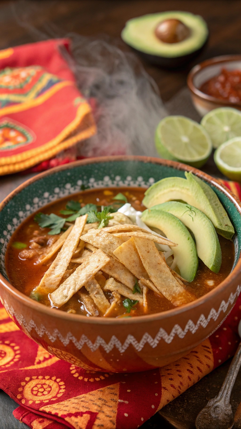 A bowl of Chicken Tortilla Soup with tortilla strips, avocado, and lime on a colorful tablecloth.