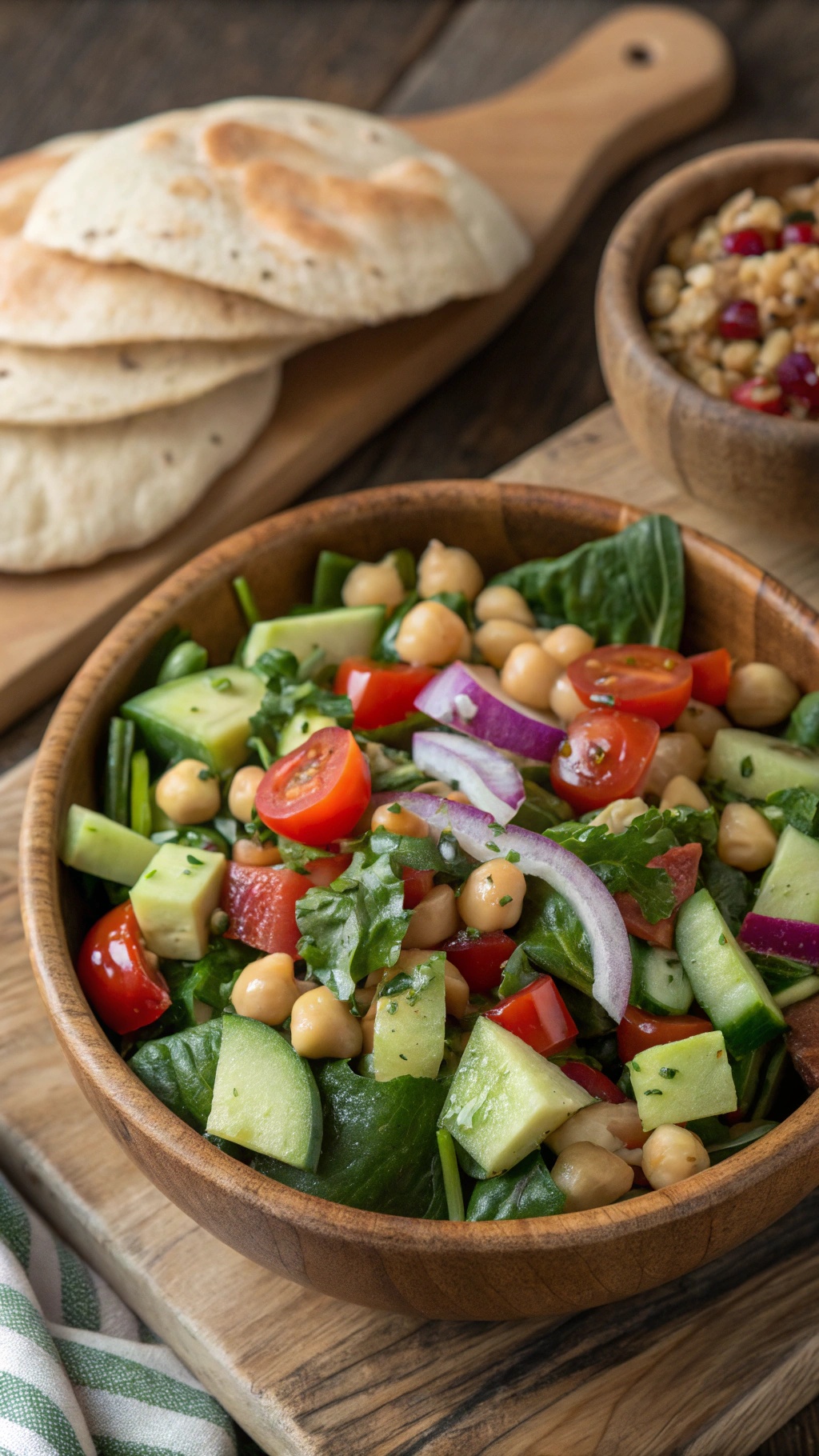A colorful chickpea salad in a wooden bowl with pita bread on the side.