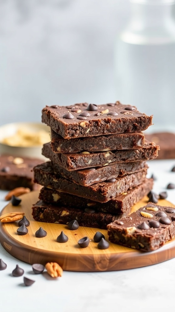 A stack of chocolate protein bars with chocolate chips on a wooden board, surrounded by more chocolate chips and nuts.