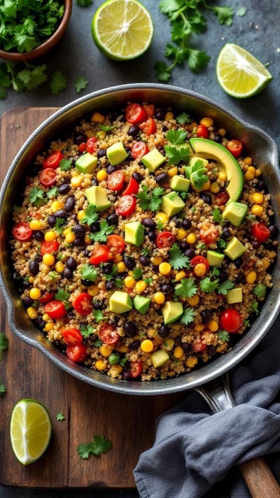 A colorful one-pan quinoa and black bean dish with cherry tomatoes, corn, and avocado, garnished with cilantro.