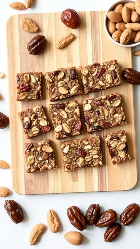 Wholesome date and nut energy bars on a wooden board with whole dates and almonds scattered around.