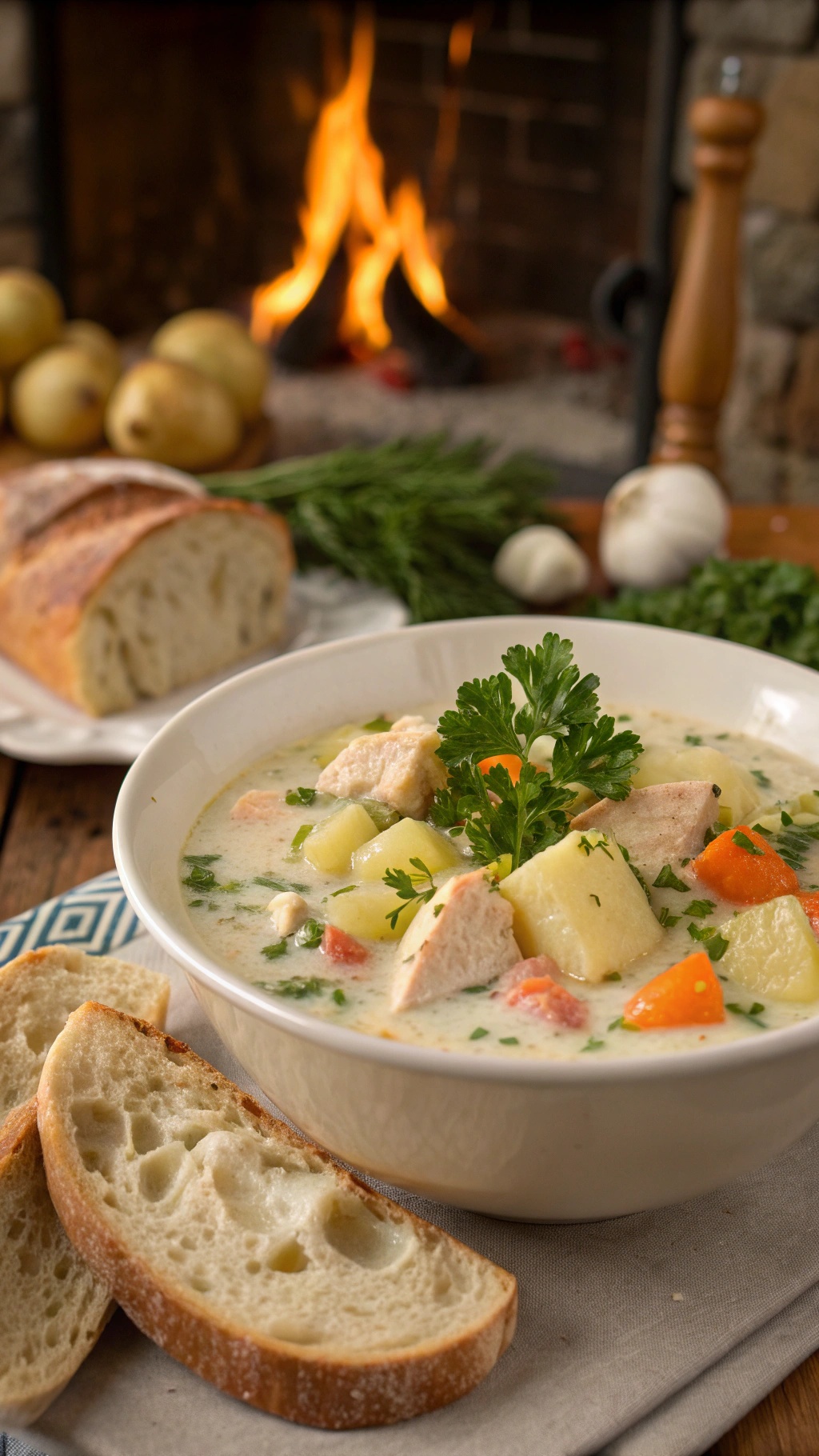 A bowl of fish chowder with vegetables and bread on the side.