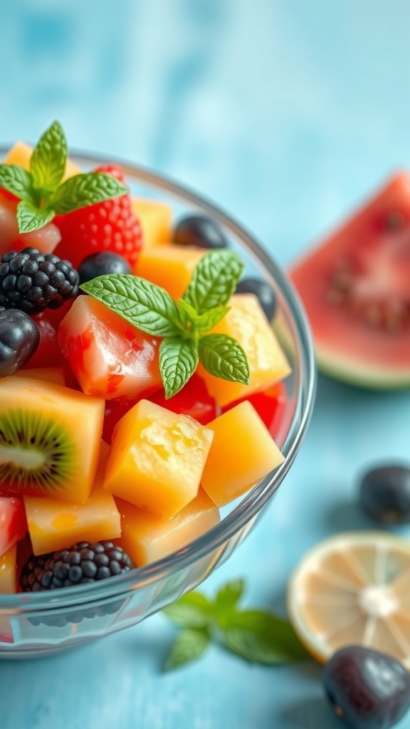 A colorful bowl of fruit salad with watermelon, kiwi, strawberries, and mint leaves.
